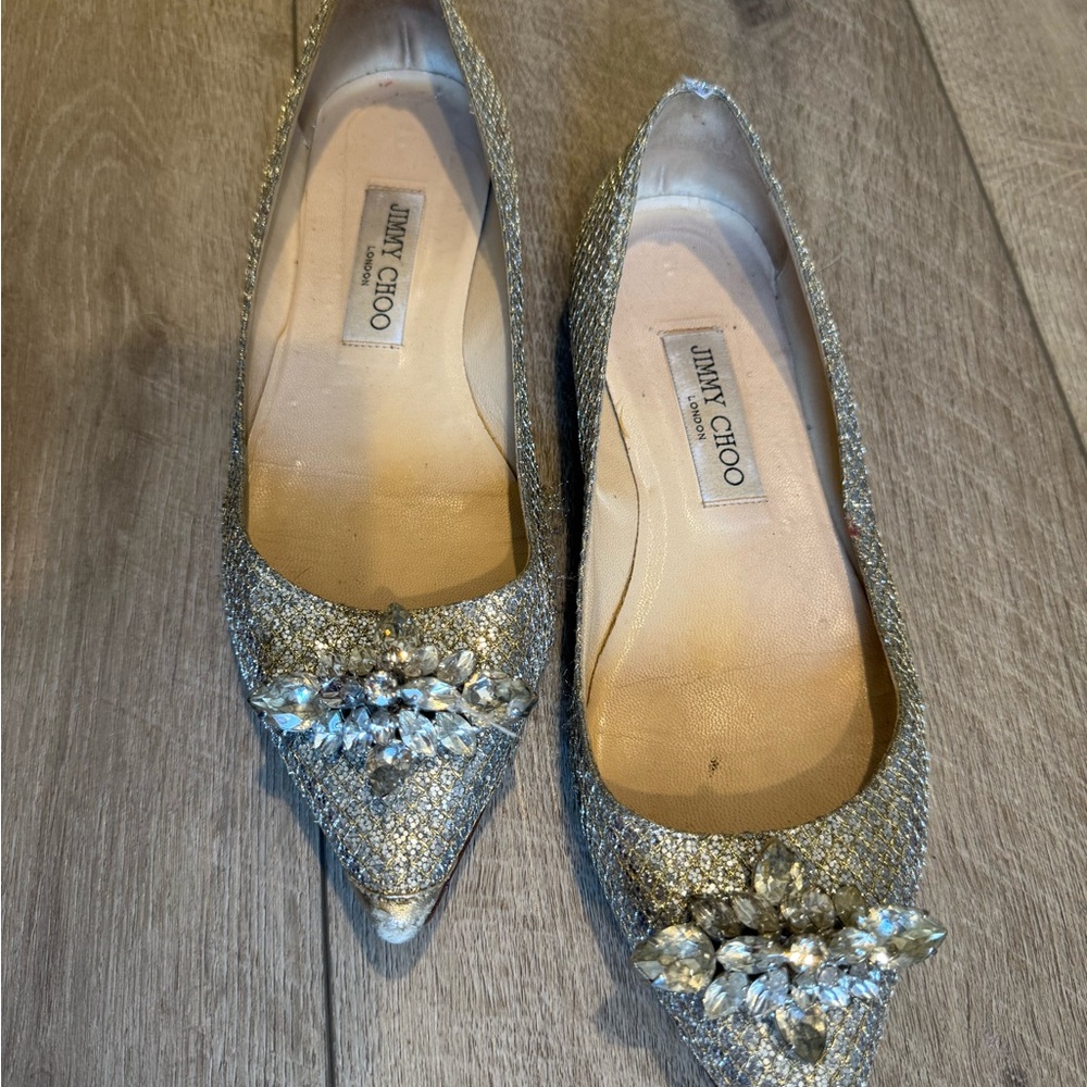 Jimmy Choo Glittering Silver Flats with Crystal Embellishments